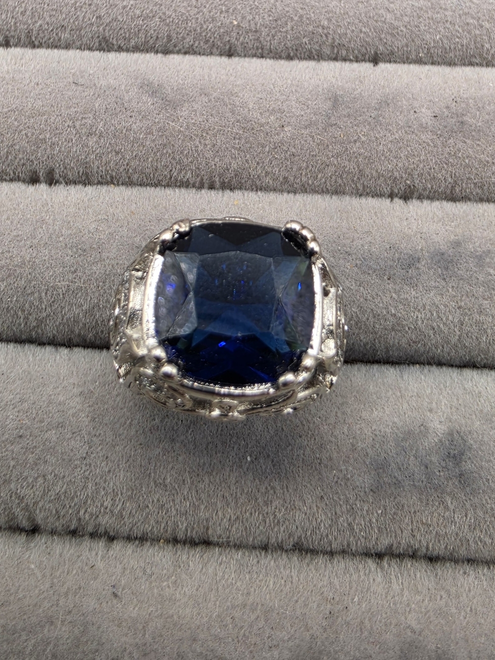 Silver Statement Ring Size 6 1/4 with Deep Blue Gemstone
